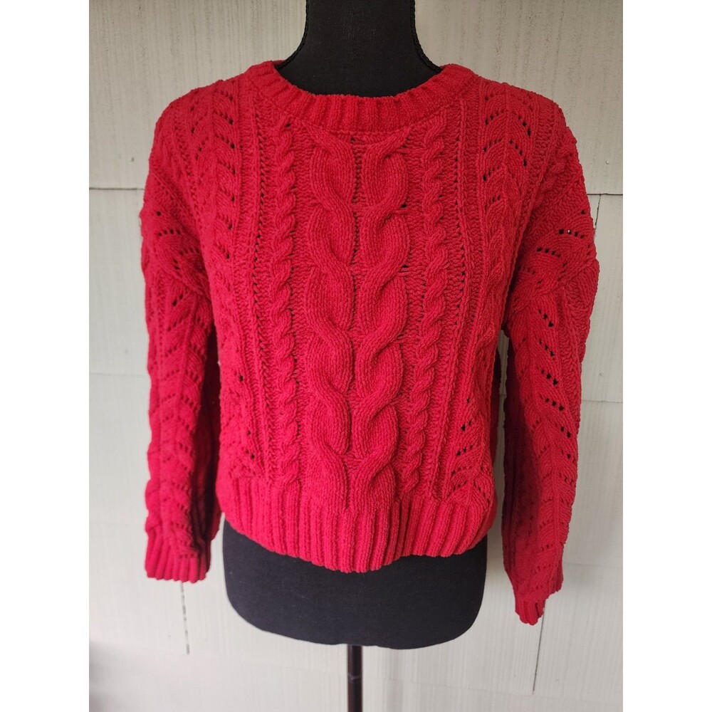 Pink Rose Red Cable-Knit Polyester Long Sleeve Cropped Sweater Women's Small S